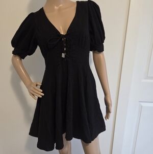 House Of Harlow 1960 Black Linen Blend Lace-Up Mini Dress